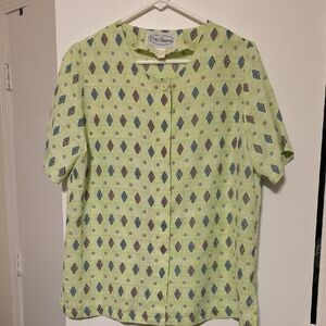 Patchington Lime Green Short Sleeve Button-Front Blouse with Diamond Print